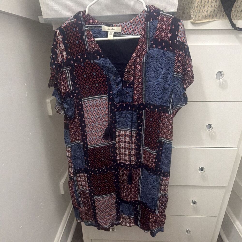 Ella Moon Womens M Patchwork V-Neck Shift Dress Tie Tassel Short Sleeve